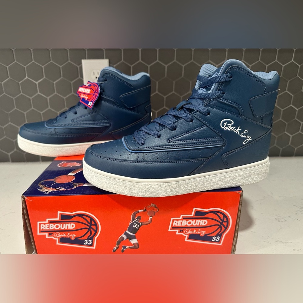 Patrick Ewing Men's Blue High-Top Sneakers. Orion Non-Strap. Navy blue colorway